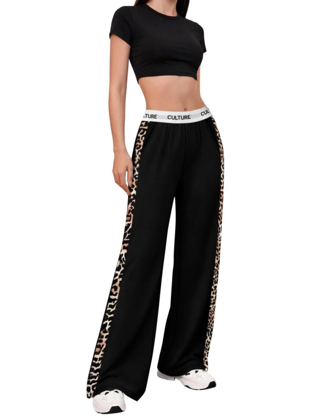Women Baggy Pants Leopard Print Block Side Teen Wide Leg Open Bottom Sweatpants
